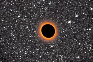 A black hole deep in space, preventing light from escaping around it, creating a dark patch in space.