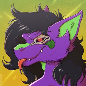 A head shot image of Augmented Thunder, showing off his mechanical eye, purple and green fluffy fur, along with his tongue sticking out.