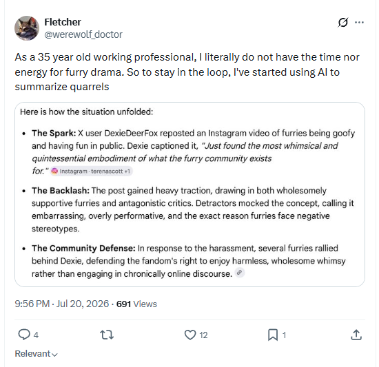 Screenshot of Fletcher's X post about using artificial intelligence to summarise furry quarrels, including the three-part generated summary attached to the post.